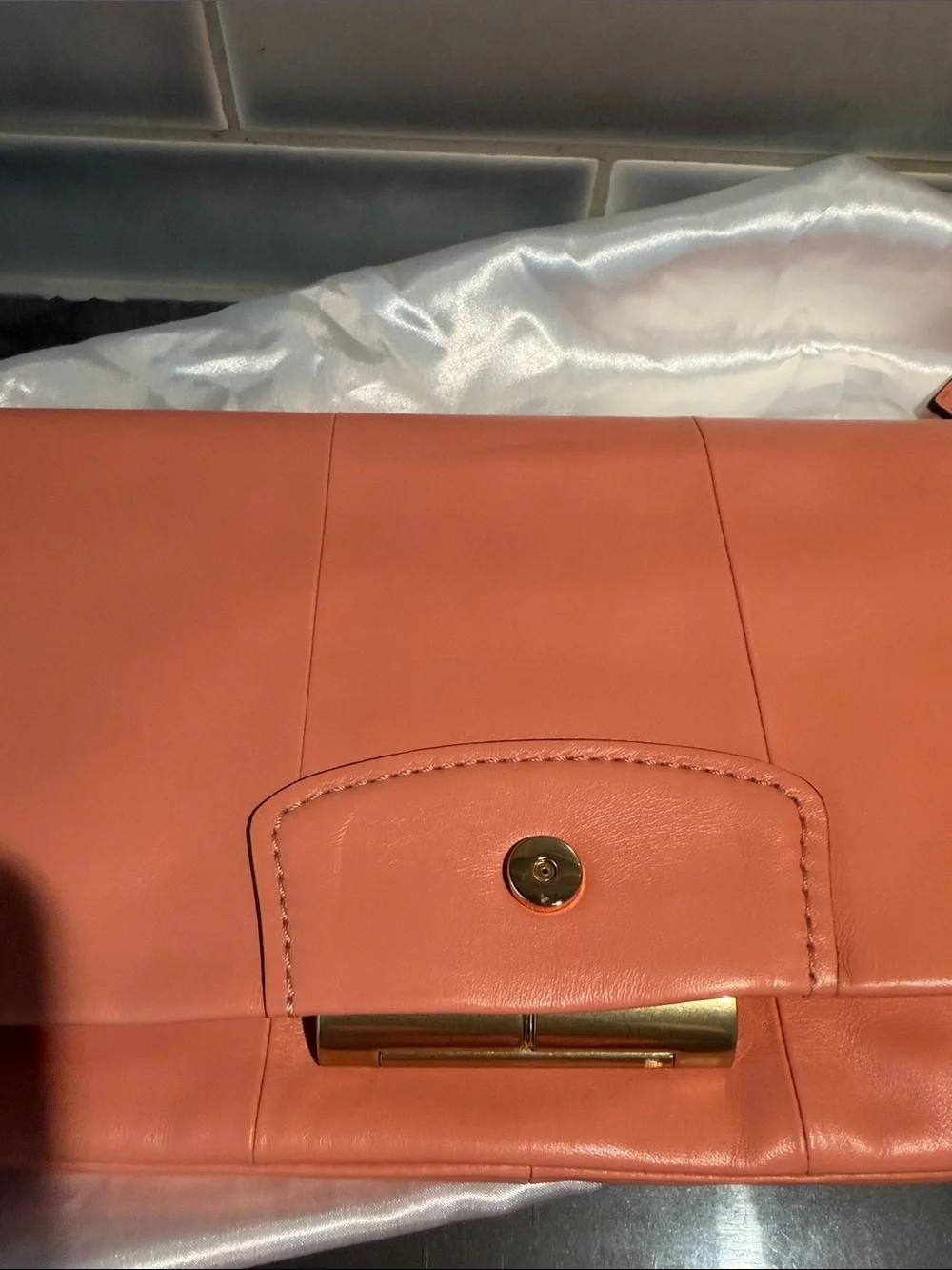 Coach Coral Pink Leather Clutch with Gold Turnlock